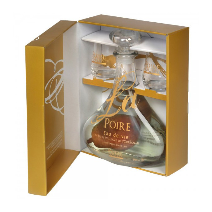 Eau de vie de poire d'Olivet Carafe fruit prisonnier coffret 2 verres